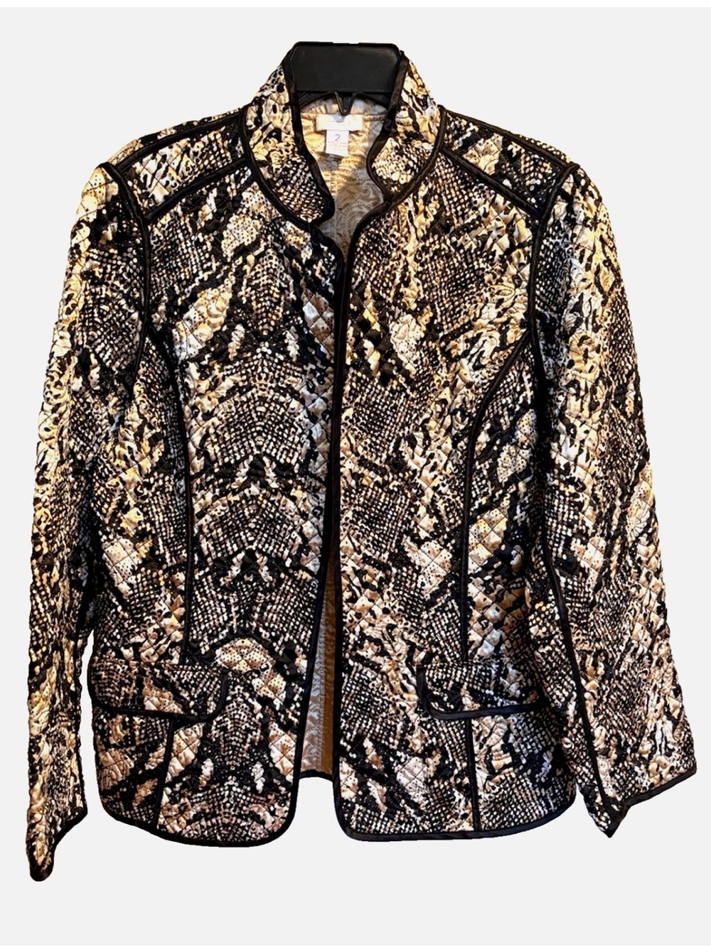 Chico’s Reversible Quilted Jacket Gold Shimmer Animal Print Black Trim Size 2 L